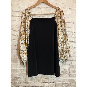 Susan Graver Top Womens 1X Black Liquid Knit Square Neck Satin Balloon Sleeves